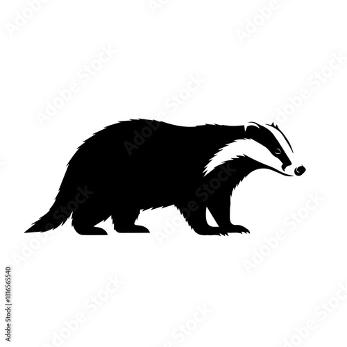 Black and white silhouette illustration of a badger walking, side profile.