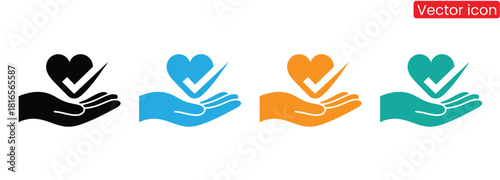 Hand holding heart with check mark symbol for approval and love,Hand and Heart Icon. Vector isolated flat illustration,Vector Heart With Check Mark Icon Set