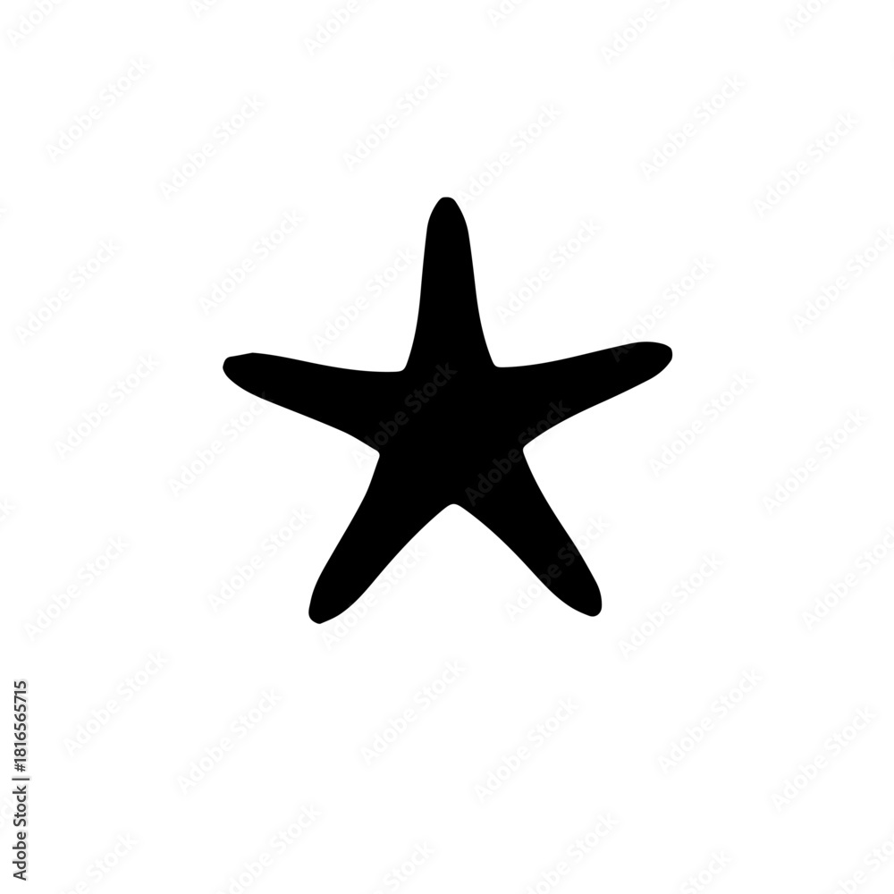 Fototapeta premium Black silhouette of a starfish with five arms on a plain white background, presented as a simple graphic illustration.
