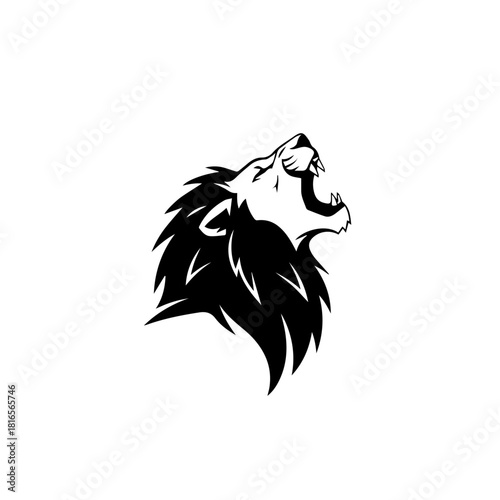 A stylized black and white illustration of a roaring lion's head with a spiky mane.