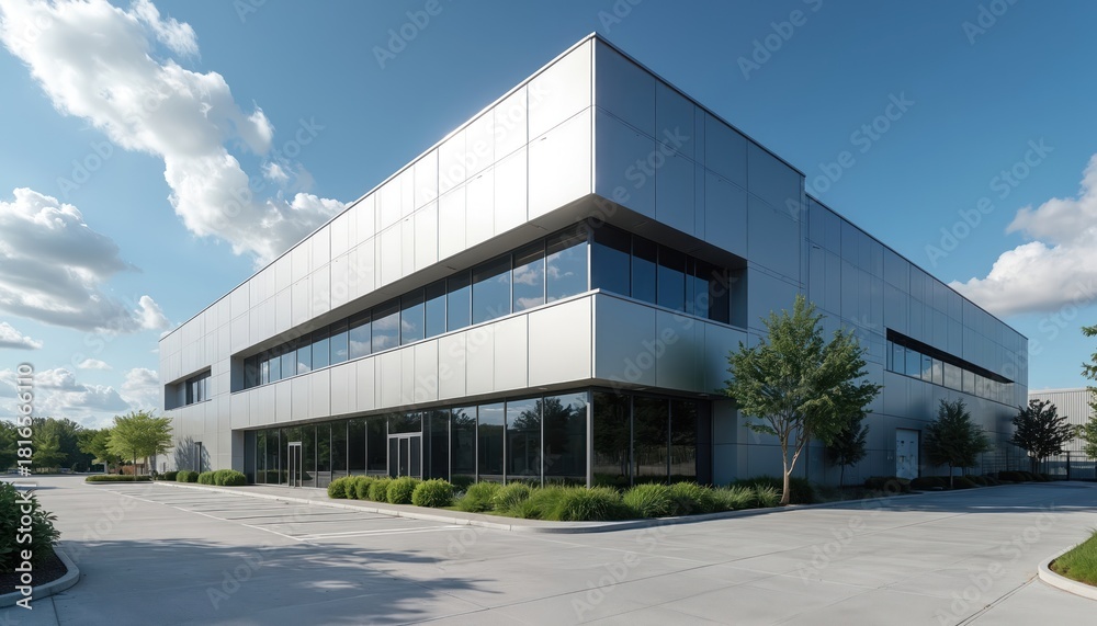 Fototapeta premium Modern industrial building exterior with aluminum siding and large glass windows under blue sky with fluffy clouds. Spacious parking lot and green landscaping surround structure. This is pro facility.
