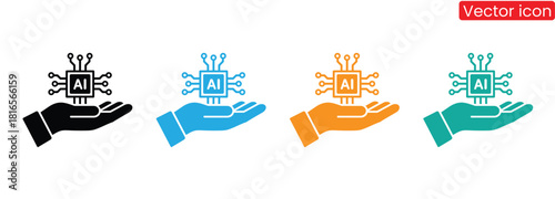 Harness AI power with hands holding tech chipset in vibrant colors,Ai powered icon set flat style collection. Containing machine learning, deep learning, neural network, natural language,