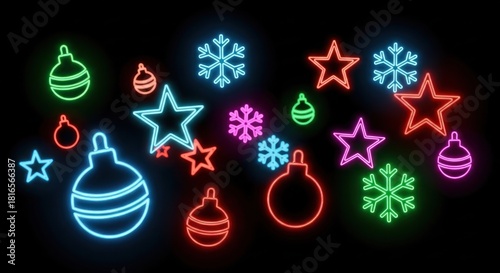 Neon Christmas decorations on a black background.