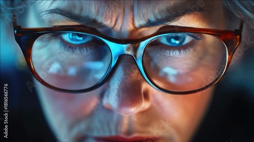 A focused woman in glasses deeply concentrating on something.