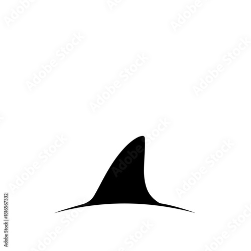 A striking black silhouette of a shark fin breaking the surface of the water, isolated on a clean white background.