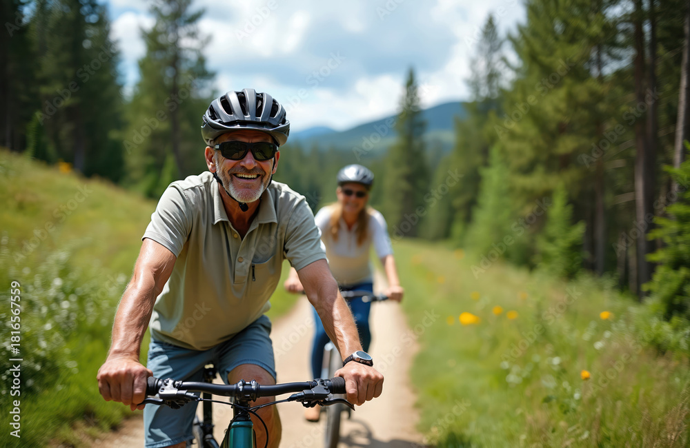 Obraz premium Happy elderly couple cycles on forest trail. Man and woman ride bicycles wearing helmets. Seniors enjoy healthy outdoor recreation in nature together. Active lifestyle photo.