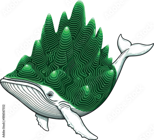 Whale with mountain range on its back vector illustration concept for environmental awareness and nature conservation
