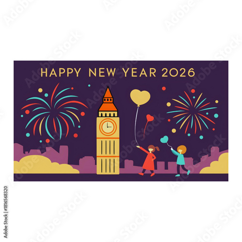Happy New Year 2026 Big Ben Fireworks Kids Balloons London Vector Illustration