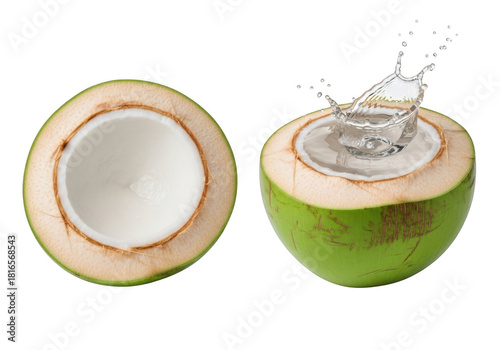 Green coconut half with water splash isolated on a transparent background image