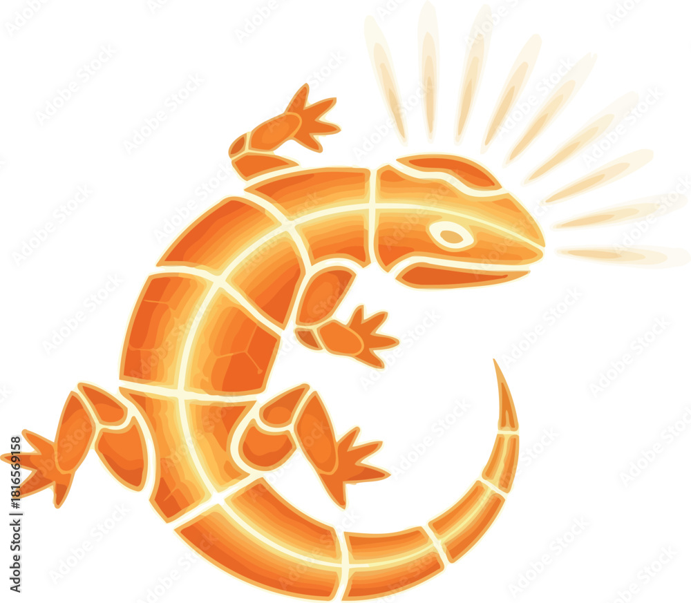 Fototapeta premium Stylized orange lizard illustration with glowing lines vector design element isolated on white background