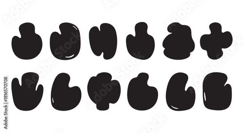 Modern abstract liquid blob and organic round shape composition featuring soft oval curves, irregular bubble forms, smooth wavy strokes, asymmetric splashes, minimal white textures, trendy geometric