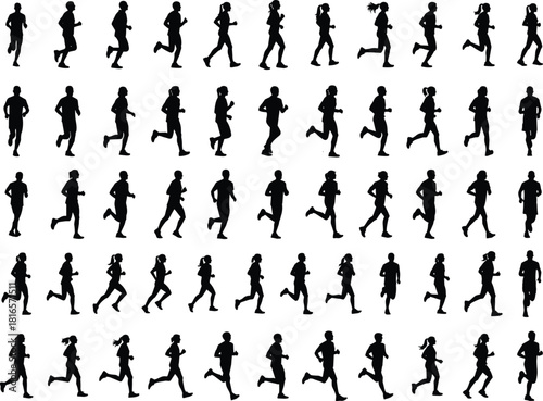 Collection of Diverse Running People Silhouettes, Men, Women, and Kids Exercising, Jogging, and Sprinting for Sport and Fitness Vectors