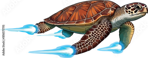 Cartoon sea turtle with rocket propulsion a fun and whimsical illustration isolated on white background