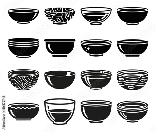 Collection of solid filled icons representing various bowl types including wooden ceramic glass metal and plastic for culinary and design use