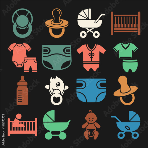 Solid filled icon set featuring essential baby care items like diapers bottles pacifiers strollers and cribs on a black background
