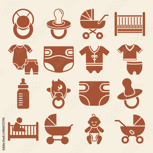Solid filled icon set for baby care essentials featuring diaper bottle pacifier stroller crib and baby elements on a light background