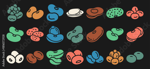 Solid filled icon set featuring diverse bean types including navy lima pinto and fava beans presented on a black background for culinary or agricultural themes