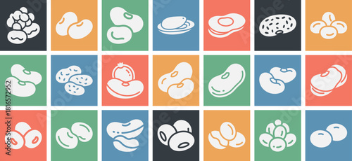 Solid filled icon set featuring navy bean lima bean pinto bean and fava bean illustrations for diverse culinary and agricultural applications
