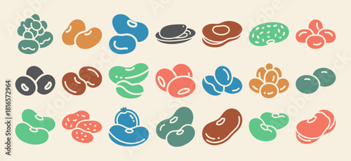 Solid filled icon set featuring diverse bean types including navy lima pinto and fava beans perfect for culinary and agricultural designs