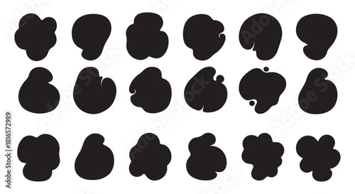 Modern abstract blob and fluid organic shapes with irregular round forms, smooth curved silhouettes, doodle bubble frames, soft oval outlines, cute cartoon elements, colourful textured patterns