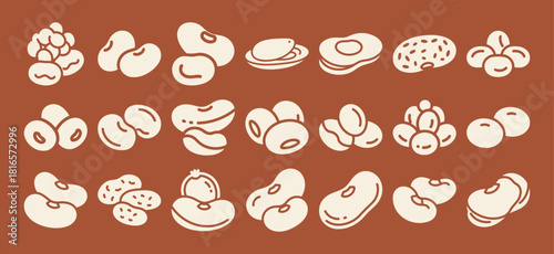 Solid filled icon set featuring diverse bean types including navy lima pinto fava and mung beans for culinary and agricultural themes