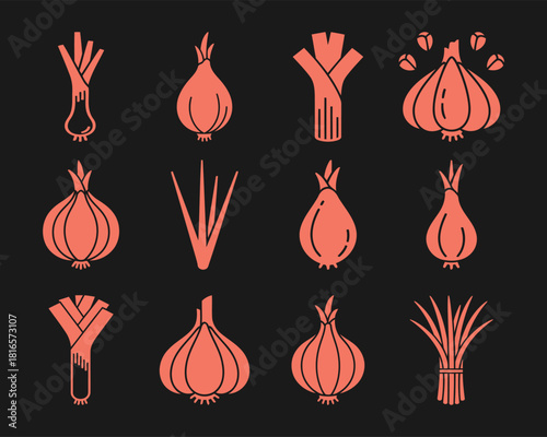 Solid filled icon set featuring essential allium vegetables including onion garlic leek shallot and chive for culinary and agricultural design projects