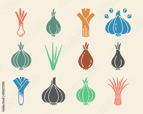 Solid filled icon set featuring a variety of allium vegetables including onion garlic leek shallot chives and spring onions for diverse culinary and agricultural designs