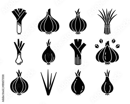 Solid filled icon set featuring a variety of allium vegetables including onion garlic leek shallot chive scallion and spring onion