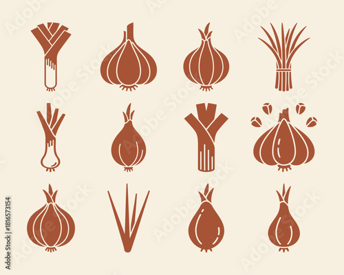 Solid filled icon set featuring common allium vegetables including onion garlic leek shallot chive and scallion for culinary and agricultural designs