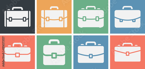 Collection of solid filled briefcase icons illustrating various sizes and styles including small medium large compact expandable and standard designs