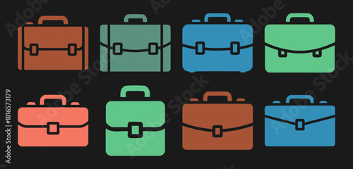 Collection of solid filled briefcase icons showcasing various sizes and styles including compact expandable and standard options on a black background