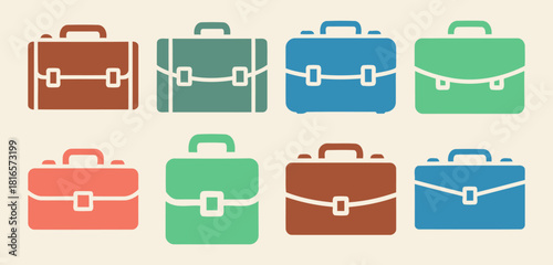 Versatile solid filled briefcase icon set showcasing various sizes and styles including compact expandable and standard options for business and travel