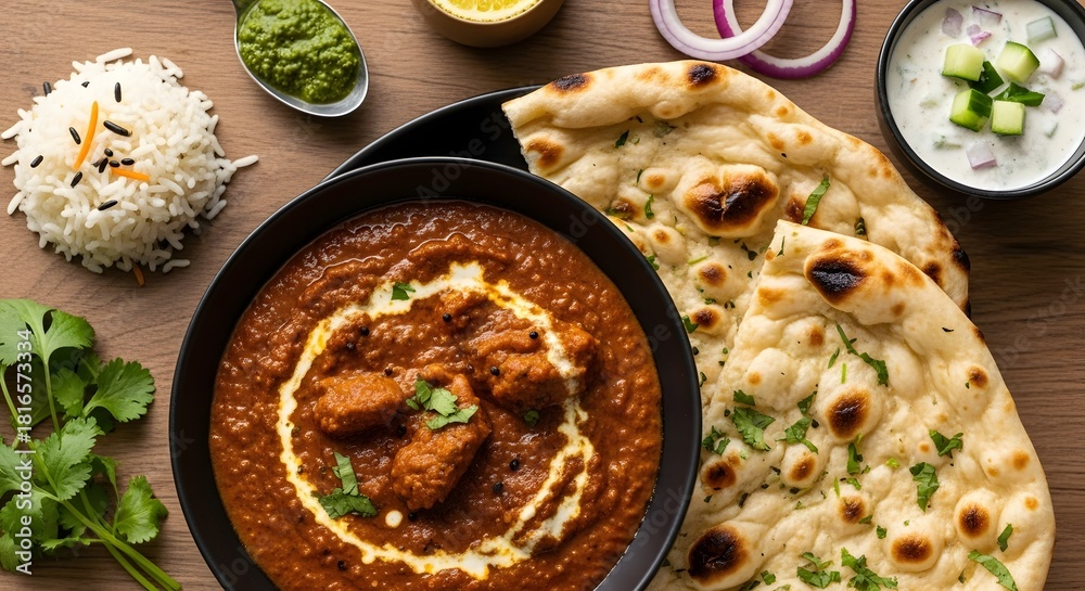 Fototapeta premium Delicious indian chicken curry with naan bread and rice overhead view