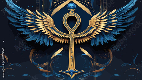 Artistic Ankh Symbol with Wings in Gold and Blue on Dark Background 