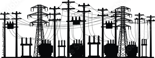 Electrical substation silhouette, transformers, transmission towers, circuit breakers, utility poles, insulators, power distribution network, industrial energy grid, cad drawing flat vector