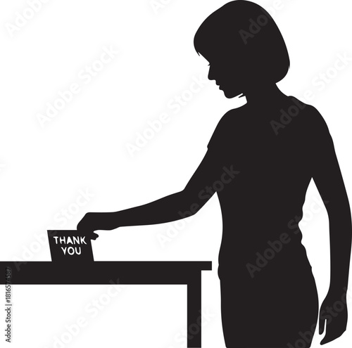Woman's silhouette places thank you card on table showing gratitude and appreciation