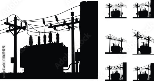 Electrical substation silhouettes, transformer units, utility infrastructure, voltage regulation system, power distribution network, illustration, electricity supply design, flat vector