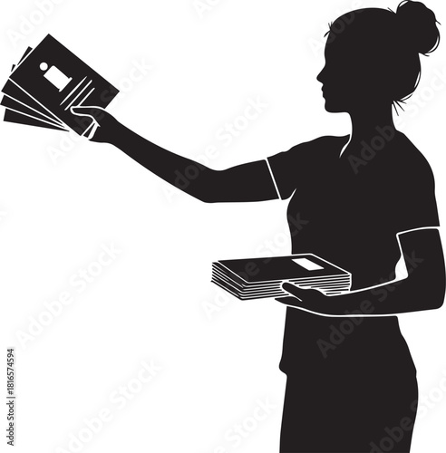 Silhouette of a woman distributing flyers and brochures with a positive gesture for marketing purposes