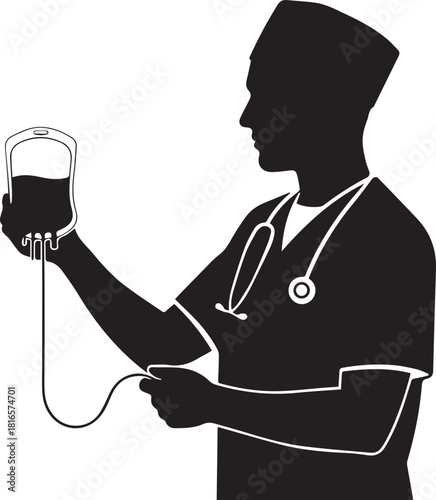 Silhouette of a medical professional holding an iv bag and stethoscope providing healthcare