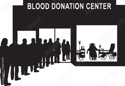 Silhouette of people lining up at a blood donation center for vital medical help