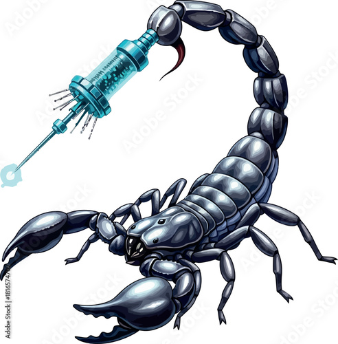 Illustration of a scorpion with a syringe for a stinger concept for medicine science and venom isolated on white