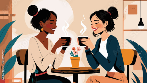 Two Young Women Enjoying Coffee Together in Cozy Café Illustration 