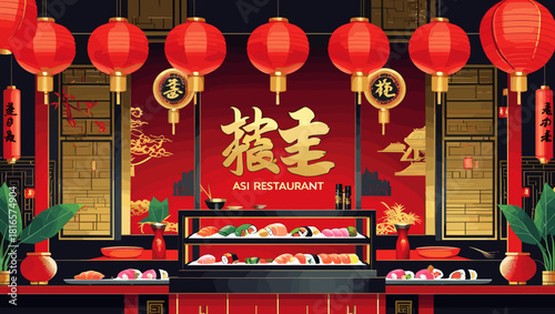 Vibrant Asian Restaurant Interior Illustration with Sushi Display and Lanterns 