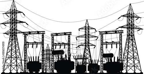 Electrical substation silhouettes vector, transformers transmission towers circuit breakers insulators busbars illustration, power distribution infrastructure icons, energy grid system graphics