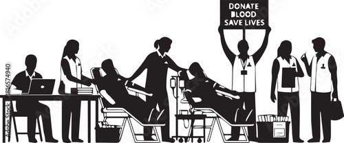 Blood drive silhouette people donating blood and assisting medical staff helping humanity