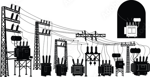 Electrical substation vector, transformers circuit breakers isolators busbars illustration, power distribution infrastructure icons, energy transmission system design graphics