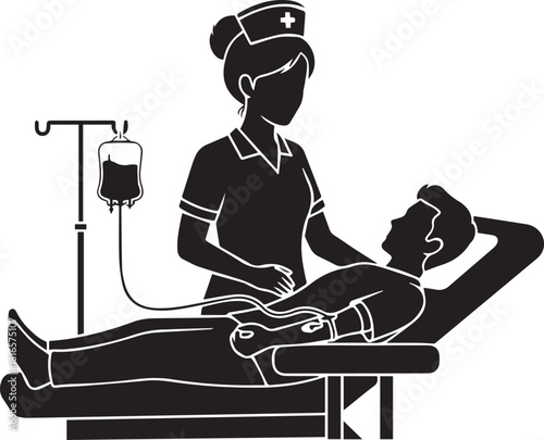 Nurse administering iv fluid to patient lying down medical care silhouette graphic