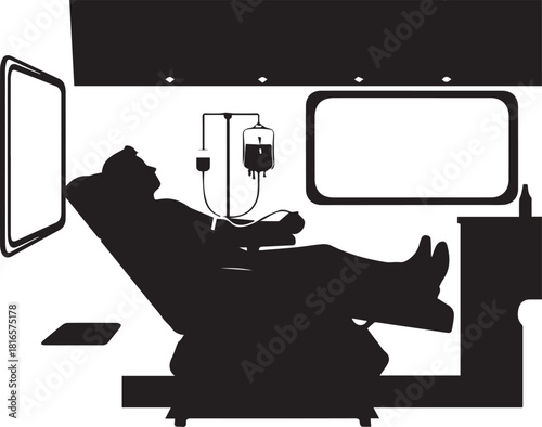 Silhouette of person in medical chair receiving iv drip inside clinic or blood donation center