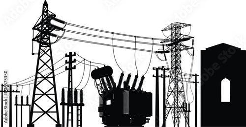 Electrical power distribution silhouettes with transformers, transmission towers, utility poles, high‑voltage lines, substation building illustration, energy infrastructure network design, flat vector