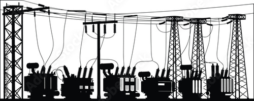 Electrical substation silhouette with transformers, circuit breakers, insulators, transmission towers, high‑voltage power lines, energy infrastructure , grid distribution system, flat vector